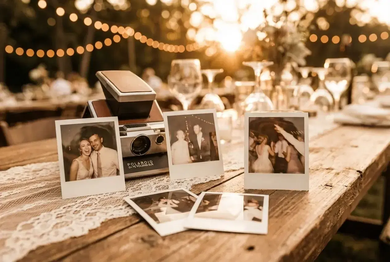 Polaroid et photos instantanées sur une table de mariage